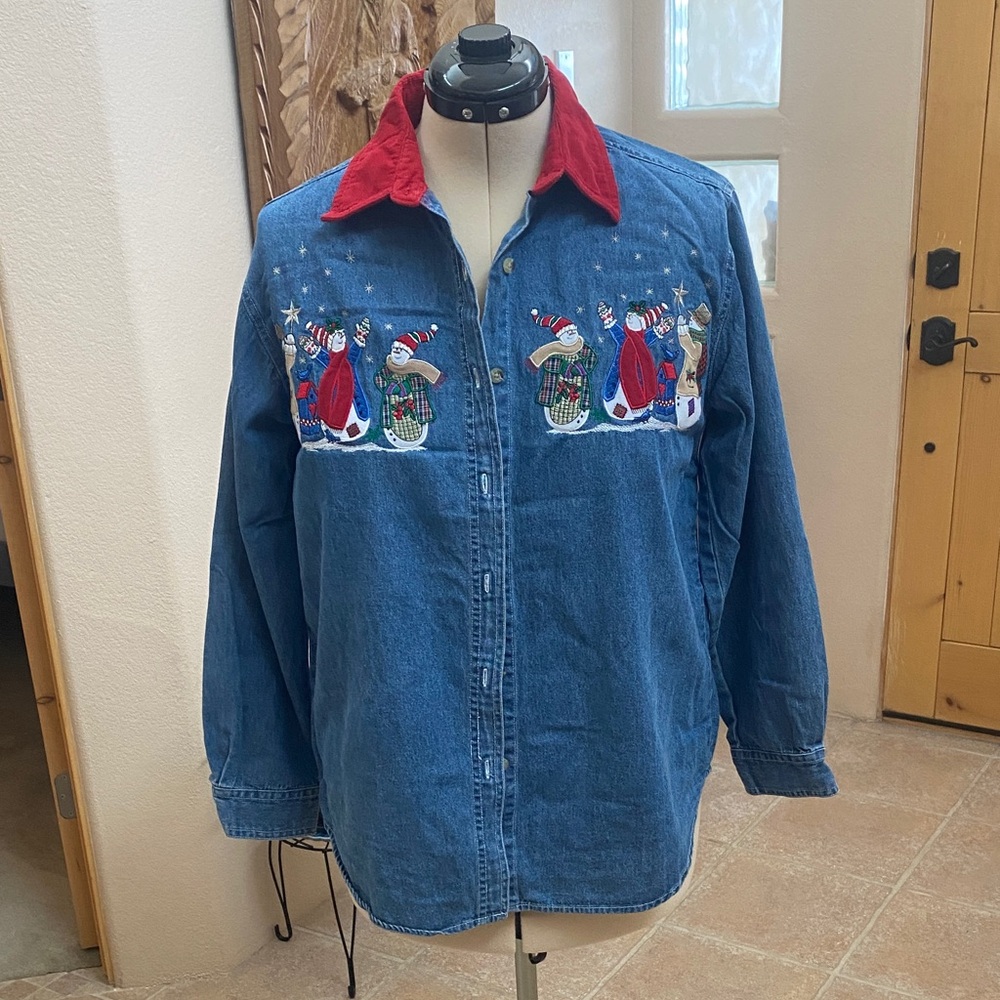 Festive Holidays Denim Shirt with Snowman Embroidery